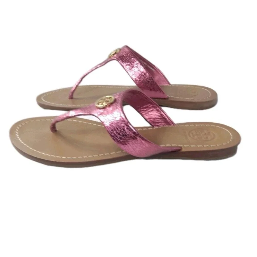 Tory Burch Cameron Leather Thong Sandals Women's Size 6 M Metallic Pink Leather